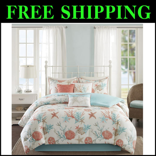 Pebble Beach 100% Cotton 7-Piece Comforter Set with Starfish Motif for King Beds