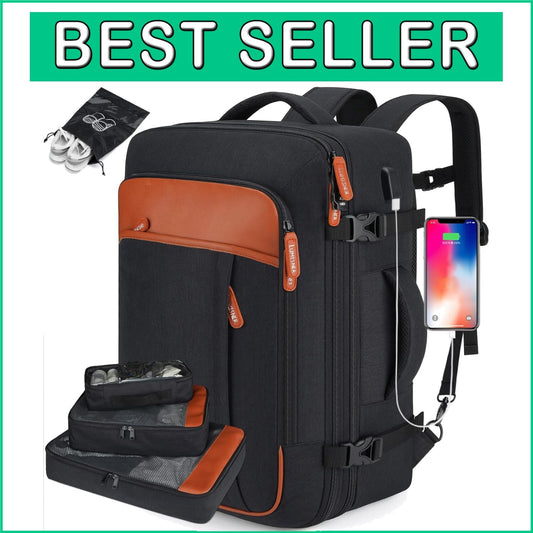 40L Extra Large Expandable Travel Backpack with 4 Packing Cubes & USB Port