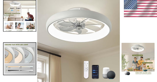 20" Modern Flush Mount Ceiling Fan with LED Lights - Voice Control & 6 Speeds
