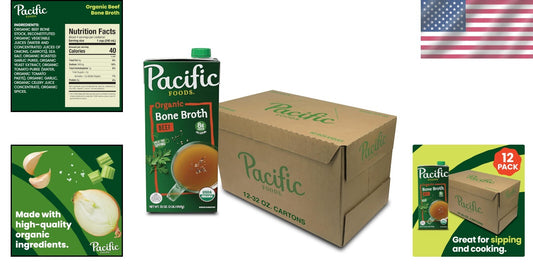 12-Pack Organic Beef Bone Broth, 32 Oz Each - Gluten-Free, Nourishing Beverage