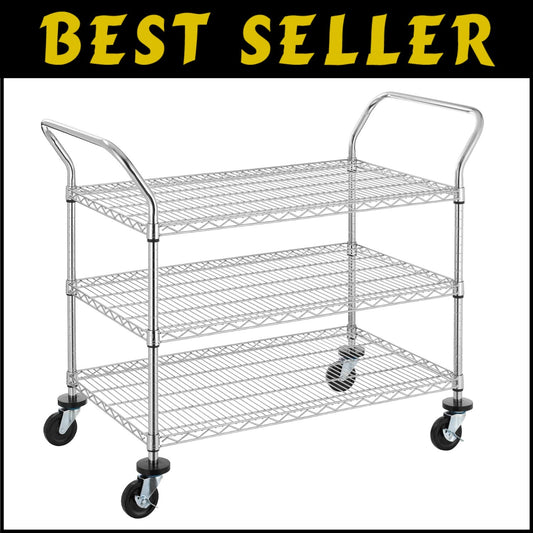 Commercial Grade Heavy Duty 3-Tier Utility Cart with Ergonomic Handles & Wheels