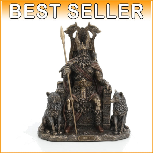 Collectible Odin Throne Sculpture with Guardian Wolves - 8.62 Inch Bronze Statue