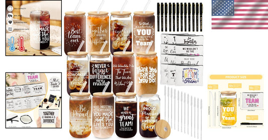 Thank You Gift Set - 12 Glass Cups, Makeup Bags & Pens for Employees, Teachers
