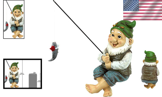 Charming Ziggy Fishing Gnome 9" Tall Cast Stone Resin Shelf Sitter Statue