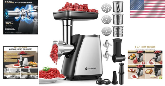 4-in-1 Electric Meat Grinder - 2800W Max, Stainless Steel with Sausage & Kubb...