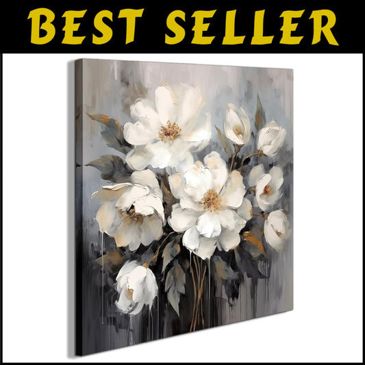 Elegant 24x24in White and Gray Flower Canvas Wall Art for Home Decor