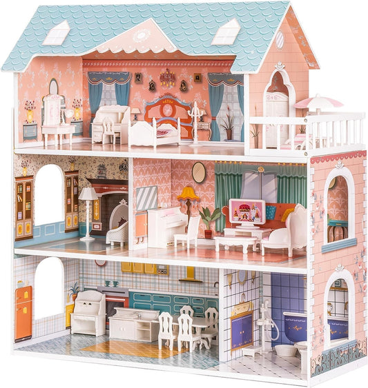 Enchanting 3-Story Wooden Dollhouse with Furniture - Perfect Gift for Girls 3-6