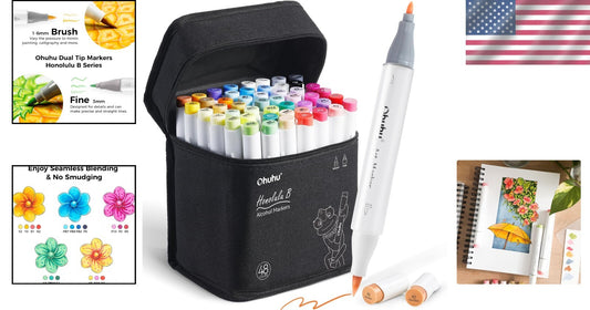 48 Color Alcohol Marker Set w/ Color-Coded Caps & Carrying Case - Perfect Gift