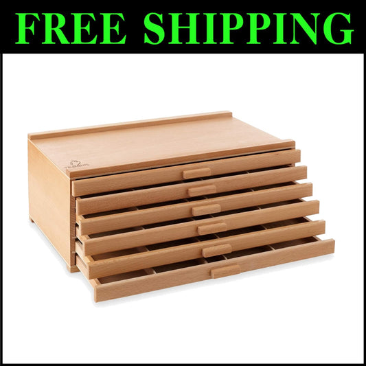 Elegant 6-Drawer Beech Wood Artist Supply Box - Perfect for Pencils & Brushes