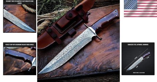 Rust-Resistant 9" Blade Fixed Outdoor Knife with Walnut Handle & Leather Sheath