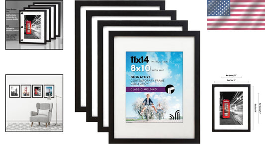 Elegant 11x14 Picture Frame Set of 4 with Shatter-Resistant Glass in Black