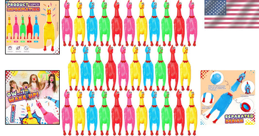 Funny 12'' Rubber Chicken Toy Set - 32 Multi-Colored Squeaky Stress Busters