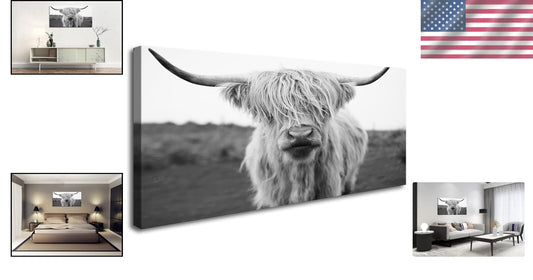 Elegant HC3650 Highland Cow Canvas Art - Black & White Wall Decor 20x40in