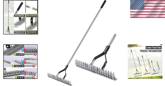 15-Inch Heavy-Duty Thatch Rake with Adjustable Stainless Steel Handle for Lawns