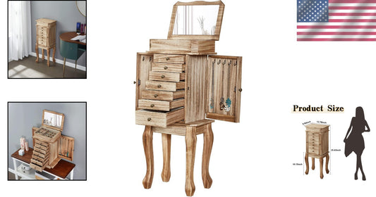 Elegant Jewelry Chest with 7 Drawers & Mirror - Freestanding Rustic Wood Design