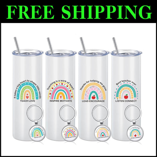 Elegant Insulated Teacher Travel Mugs & Keychains - Set of 4 in Rainbow Style