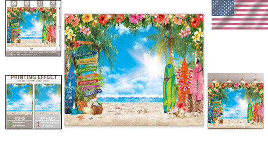 10x8ft Hawaiian Beach Backdrop with Palm Leaves & Surfboard for Aloha Parties