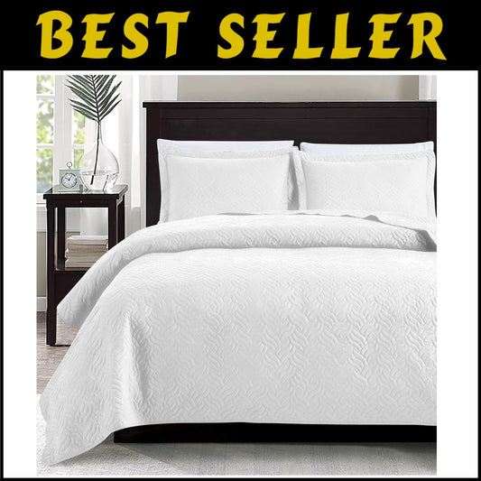 King Quilt Set – 3 Pieces of Soft White Microfiber, Wave Design Elegance