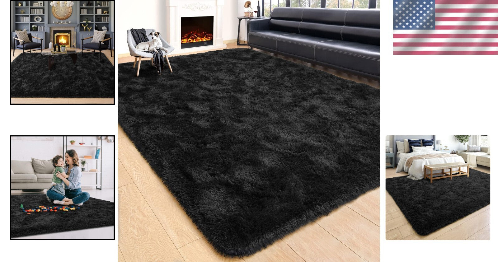 Fluffy Black 6x9 Area Rug - Soft Shaggy Carpet for Modern Living Rooms