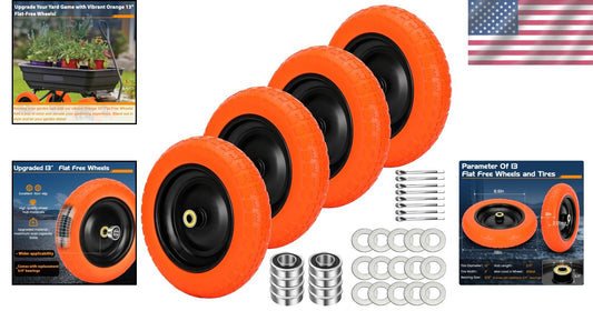 Premium 13" Solid Garden Cart Wheels with Enhanced Stability - Orange Finish