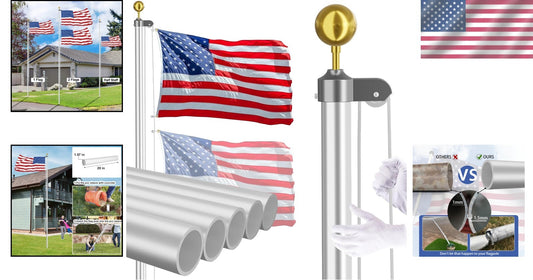 20 FT Heavy Duty Aluminum Flag Pole Kit with 3x5 American Flag - Silver Finish