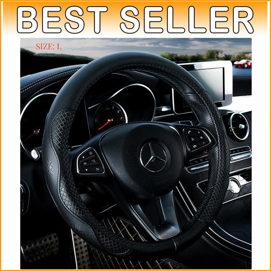 15.5-inch Black Cowhide Steering Wheel Cover - Stylish and Durable Protection