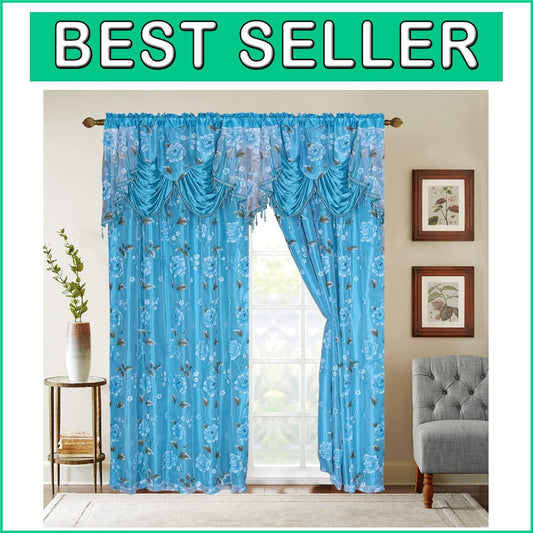Balsam Collection Sheer Backing Curtains - 2 Panels 55x84, Blue Floral Elegance