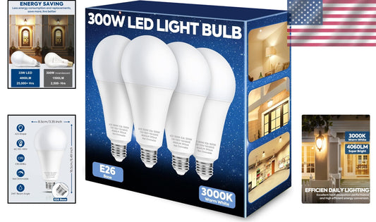Energy-Efficient 4060LM LED Light Bulb, 33W, 3000K Warm White - Pack of 4