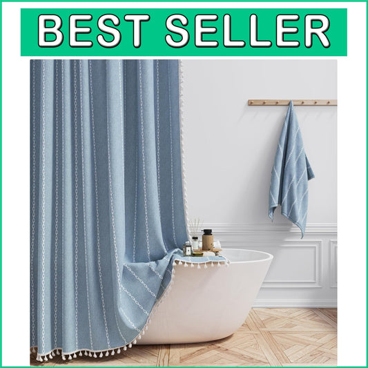 72x84 Bohemian Farmhouse Shower Curtain with Tassel Detail - Blue Elegance