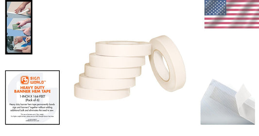 Bulk Pack of 6 Heavy Duty Banner Hem Tape - 1 Inch x 164 Feet, Seamless Bond