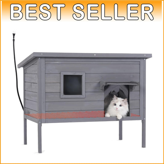 Heated Cat House - Cozy Shelter for Indoor & Outdoor Cats in Grey, Large