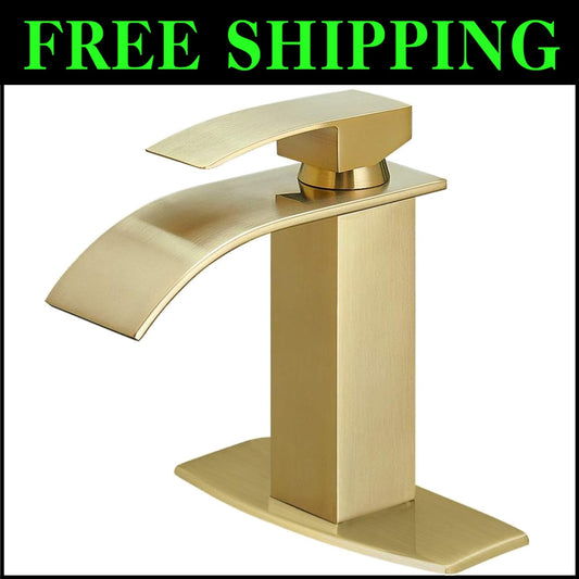 Stylish Brushed Gold Sink Faucet - Waterfall Spout, Short Design, Easy Install