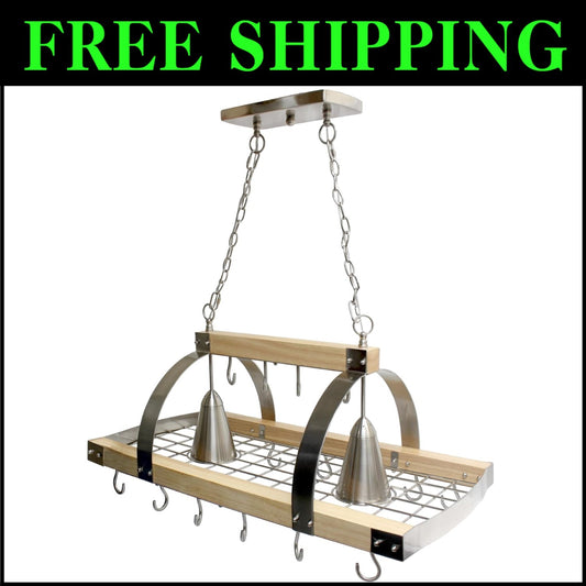 Elegant Ceiling-Mounted Wood Pot Rack with 2 Lights - Perfect Kitchen Organizer