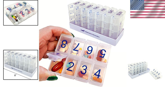 8x7 Large Weekly Pill Organizer - 56 Compartment Clear Pillbox for Travel & Home