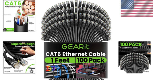 Versatile 100-Pack Cat 6 Ethernet Cables, 1ft Length, 10Gbps Speed - Durable