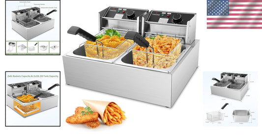 3400W Commercial Deep Fryer with 2x6.35QT Baskets - Stainless Steel Design