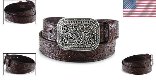 Comfortable Brown Embossed Leather Belt with Rhinestones for Women - 1.5" Wide