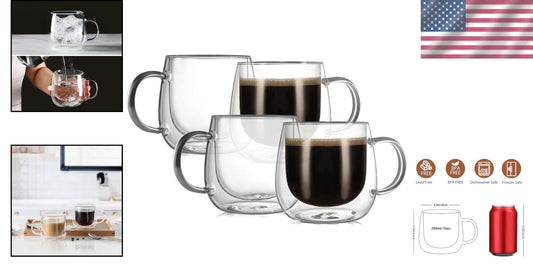 Lightweight & Durable Double Wall Coffee Mugs - 10oz Borosilicate Glass (4-Pack)