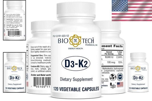 Natural Vitamin D3 & K2 Capsules - 120 Count for Bone and Cardiovascular Support