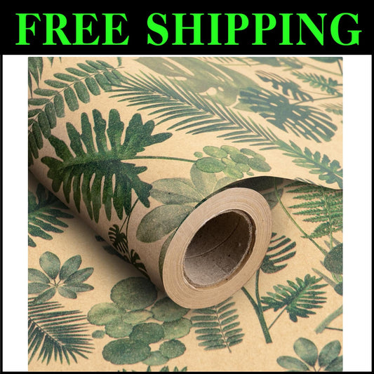Eco-Friendly Kraft Wrapping Paper Roll with Floral Green Leaves - 196 Sq Ft