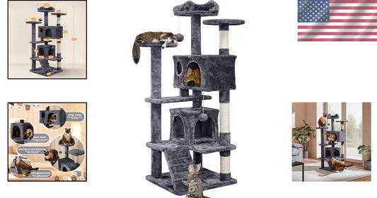 Durable 54-Inch Cat Tower with Plush Hideaways and Interactive Dangling Balls