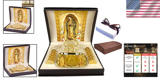 Gold Catholic Wedding Arras Set with Virgen de Guadalupe in Deluxe Gift Box
