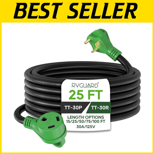 Weather-Resistant 30A RV Extension Cord, 25ft with Power Indicator & Organizer