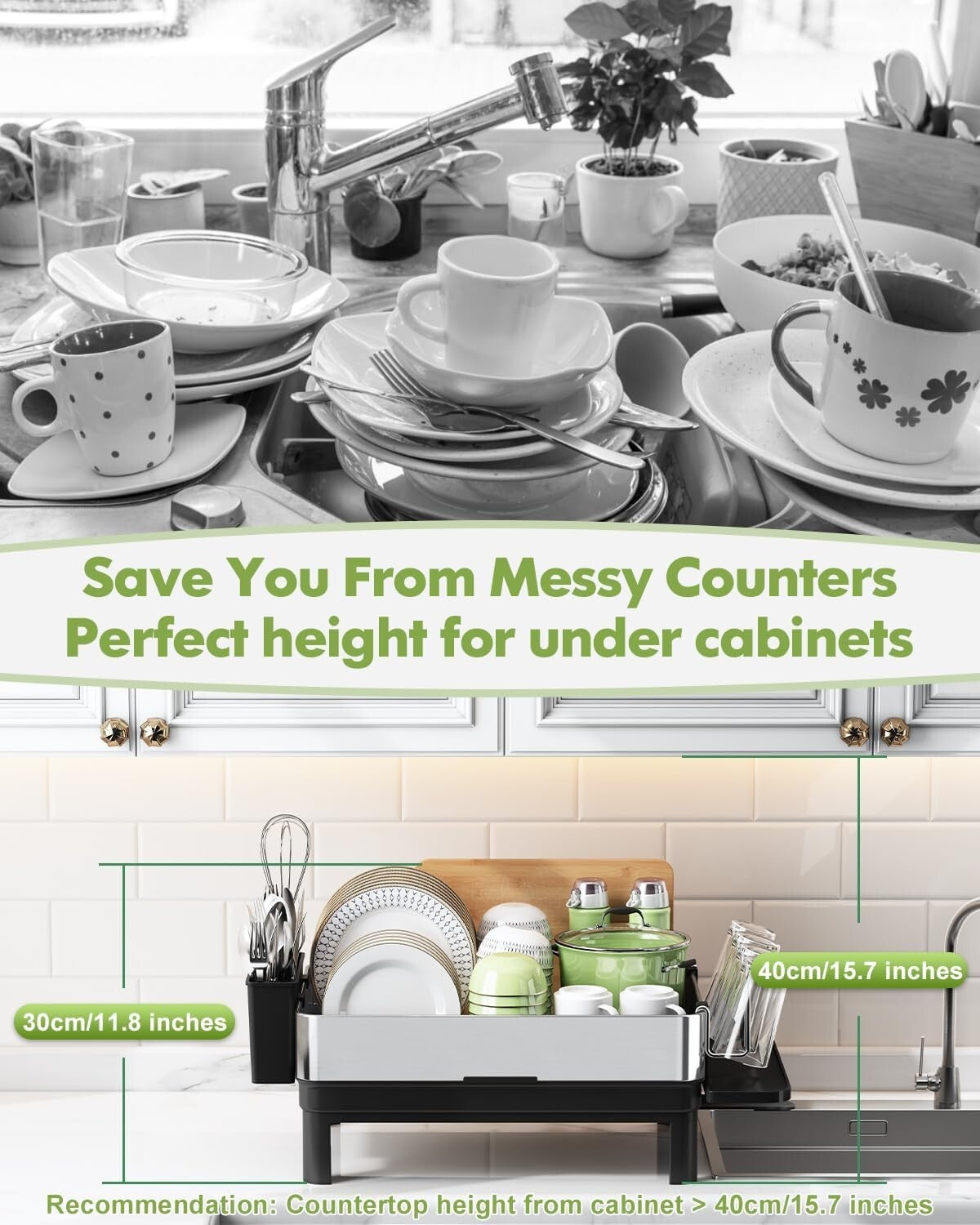 1-Tier Compact Dish Drainer with Utensil and Cup Holders for Kitchen Counters