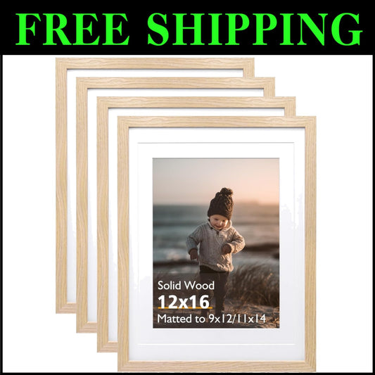 Natural Finish 12x16 Wall Frames with Mat - Ideal for Home Display, Set of 4