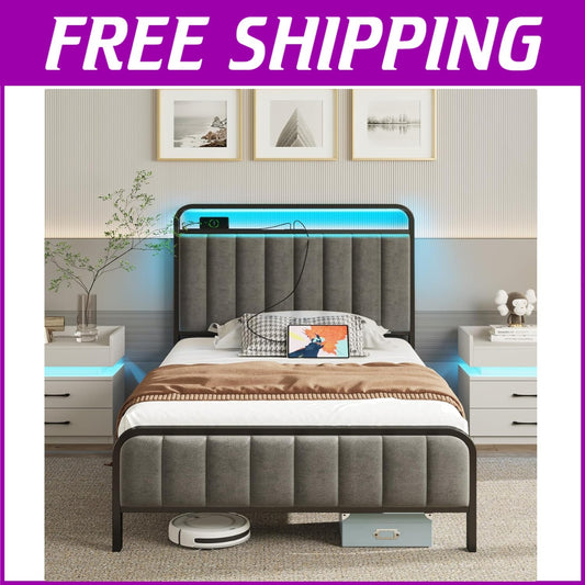 Durable Twin Metal Bed Frame with RGB Lights & Noise-Free Assembly - Dark Gray