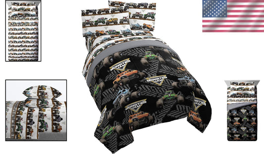 Exciting Monster Truck Full Bed Set - Comforter & Sheets for Kids’ Rooms