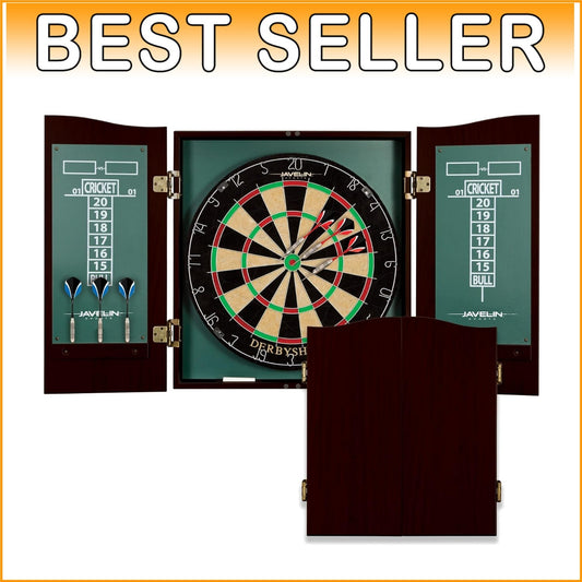 Dartboard and Stylish Cabinet Set - Includes 6 Steel Tip Darts & Scoreboards