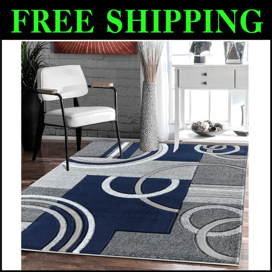 Contemporary Navy 8x10 Fluffy Area Rug - Versatile for Entryway & Living Room