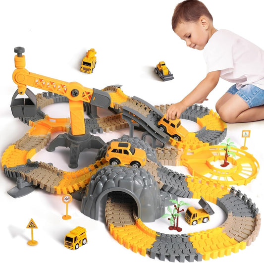 Flexible Race Track Set with Construction Vehicles - Safe for Kids 3-6 Years